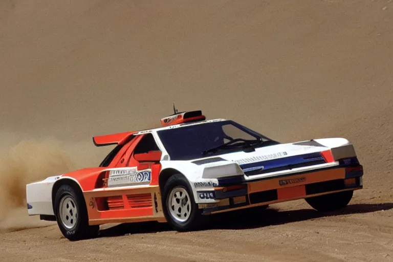 Prompt: designed by giorgetto giugiaro a single 1 9 8 8 race testarossa, dakar rally footage, speed