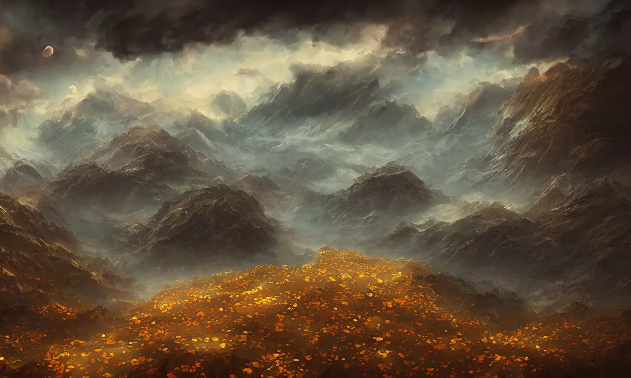 Image similar to breathtaking digital painting of an aerial landscape in luxurious nature, mountains rockas at dawn with roses and golden petals flying, with intricate art nouveau moody dark tumultuous clouds, by anato finnstark and johannes voss, concept art, matte, 8 k,