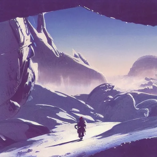 Image similar to Frozen frontiers on an alien planet, mountains above clouds in the background, Syd Mead, John Harris, Federico Pelat,