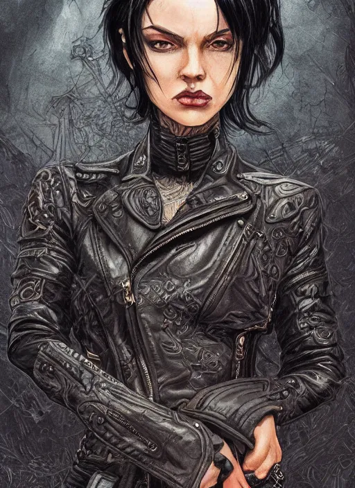 Image similar to a black haired woman in a leather jacket, muscular upper body, abs, d & d, fantasy, intricate, elegant, highly detailed, digital painting, artstation, concept art, smooth, sharp focus, illustration, art by martine johanna