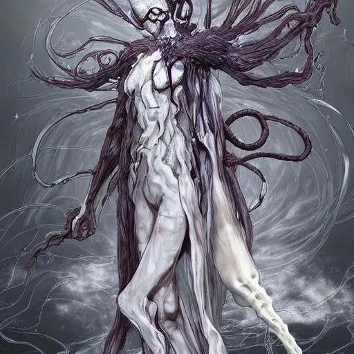 Prompt: an anime art piece by yuji ikehata and satoshi kon, of an ethereal ghostly wraith like figure with a squid like parasite latched onto its head and long tentacle arms that flow lazily but gracefully at its sides like a cloak, for a new resident evil village anime, with inspiration from bloodborne