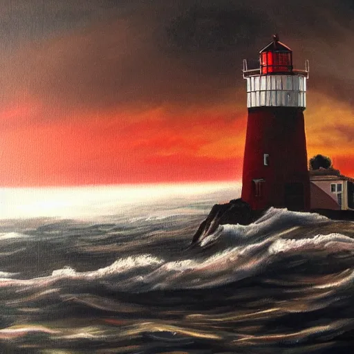 Image similar to an oil painting of a lighthouse overlooking a blood ocean