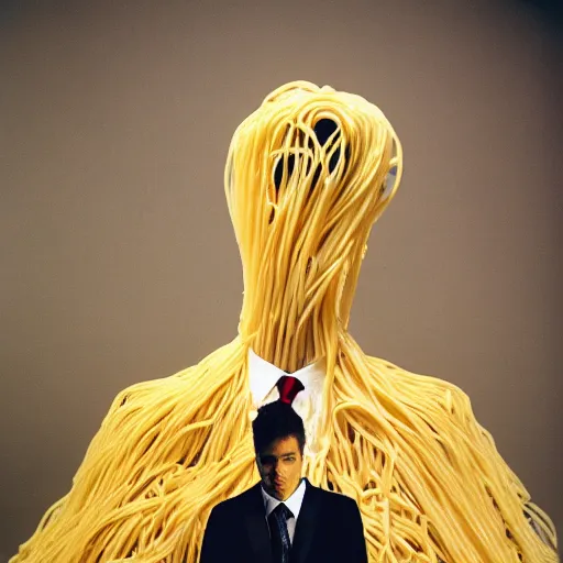 Image similar to sharp portrait of a man in a suit with a face made of spaghetti standing in los angeles with blured zombies on a background, bokeh, detailed, film photography, kodak portra 4 0 0, mamiya,