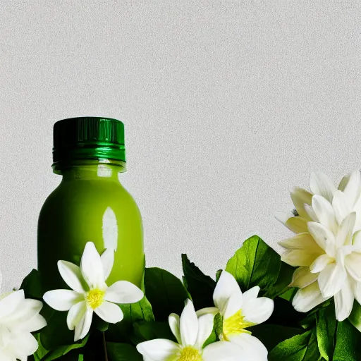 Image similar to juice bottle surrounded by white flowers, green leaves, and pears, soft zen minimalist, white background, bright, crisp