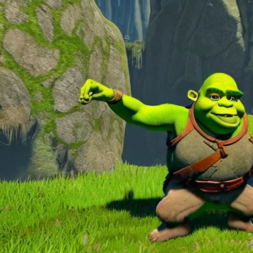 Image similar to shrek as a troll in breath of the wild