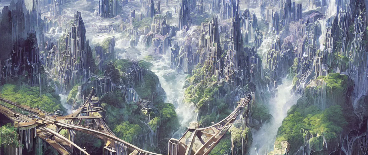 Prompt: A beautiful illustration of a futuristic city of bridges built on a world of waterfalls by Robert McCall and Ralph McQuarrie | sparth:.1 | Time white:.2 | Rodney Matthews:.2 | Graphic Novel, Visual Novel, Colored Pencil, Comic Book:.4 | unreal engine:.3 | | viewed from above | establishing shot:.7