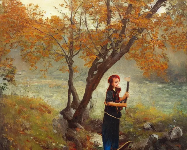 Prompt: landscape portrait of a girl chopping a hickory tree with an axe, autumn mountains, original oil on canvas painting by william sydney mount, trending on artstation