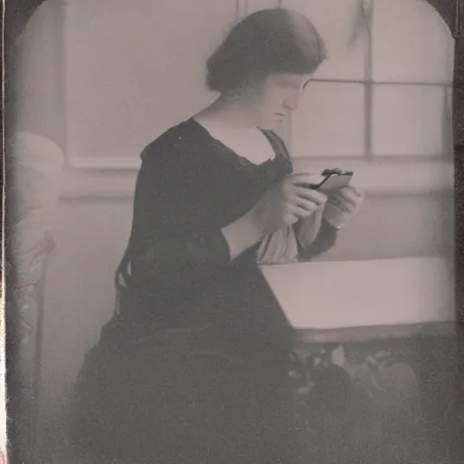 Prompt: Woman in 1910 using an iPhone, daguerreotype photo, HD