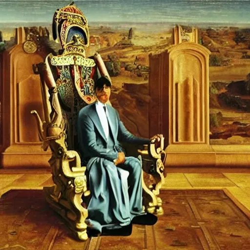 Prompt: A still of Mr. bean depicted as a king on a throne, renaissance oil painting by Salvador Dali