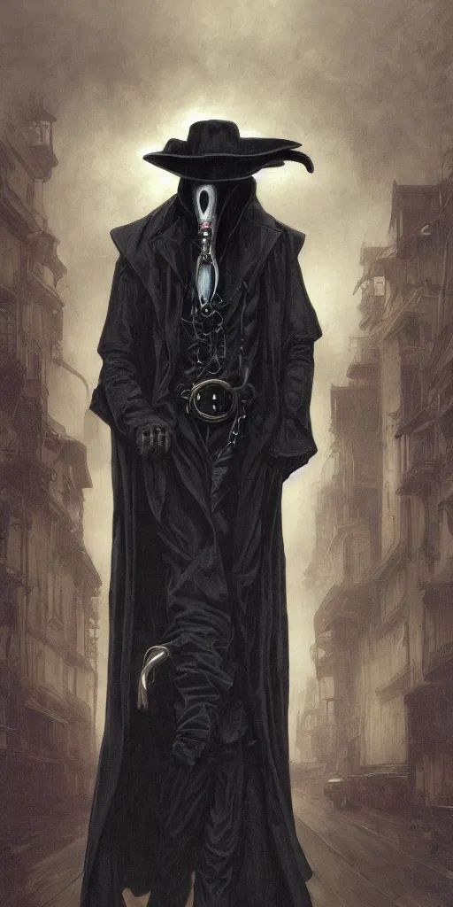 Image similar to portrait of man in black trench coat, wearing a steam punk plague doctor mask and a black top hat, highly detailed, artstation, concept art, by krenz cushart and donato giancola and william adolph bouguereau and alphonse mucha,