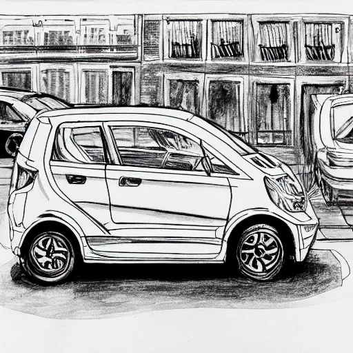 Image similar to compact honda car parked in a european city, ink manga drawing