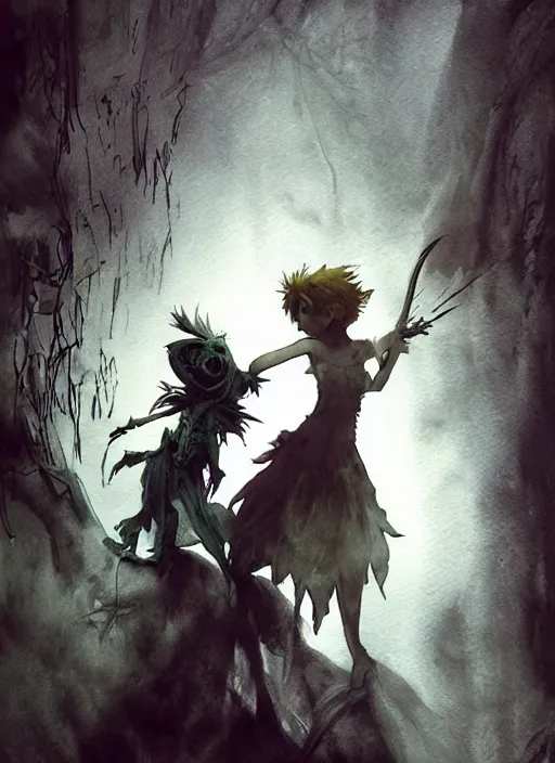 Image similar to portrait, undead peter pan with evil tinkerbell, watercolor, dramatic lighting, cinematic, establishing shot, extremly high detail, foto realistic, cinematic lighting, pen and ink, intricate line drawings, by Yoshitaka Amano, Ruan Jia, Kentaro Miura, Artgerm, post processed, concept art, artstation, matte painting, style by eddie mendoza, raphael lacoste, alex ross