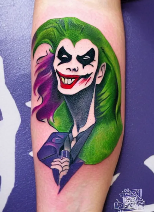 Prompt: a tattoo design of a joker girl holding an ace, hyper realistic