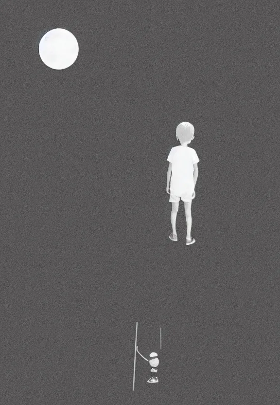 Image similar to little boy standing, holding umbrella in front of playground, at night, full moon, minimalist, black and white artwork, anime style