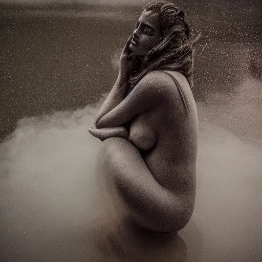 Image similar to modern sculpture of a beautiful woman on the rain, on a lake, faith, full body, low angle, night, surrounded by smoke, shadows, award winning photography