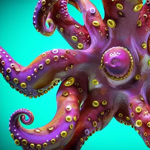 Image similar to realistic 3 d render of octopus with swirling detailed magical tentacles, holding illusions, in a fantastical ocean, octane render