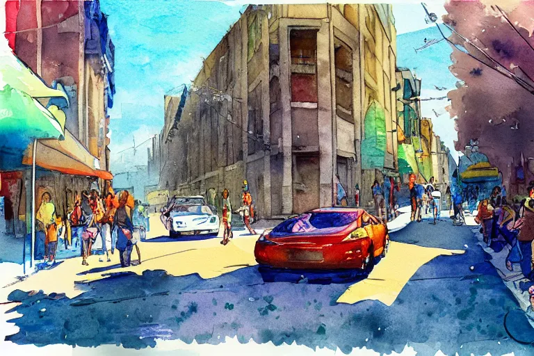 Prompt: street summer watercolor pen bright color on artstation
