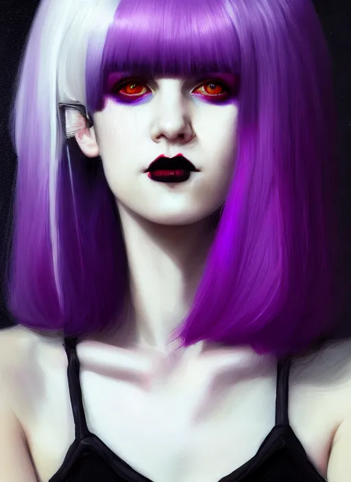 Image similar to portrait of white teenage girl, normal face, black bangs, mall goth, cyberlox, black and white hair, bangs, fluffy bangs, red contacts, purple lipstick, intricate, elegant, highly detailed, digital painting, artstation, concept art, sharp focus, smooth, illustration, art by wlop, mars ravelo and greg rutkowski