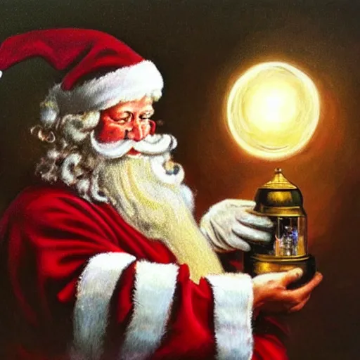 Image similar to an ultra - realistic portrait painting of santa claus holding a snowglobe in the style of frank frazetta. 4 k. ultra - realistic. highly detailed. dark fantasy. epic lighting.