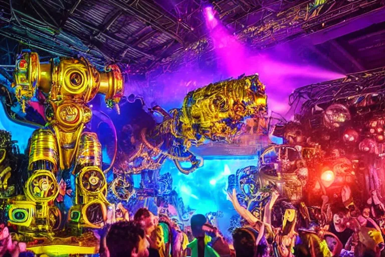 Prompt: scene is elrow party in ushuaia in ibiza, portrait photo of a giant huge golden and blue metal steampunk robot, with gears and tubes, eyes are glowing red lightbulbs, shiny crisp finish, 3 d render, 8 k, insaneley detailed, fluorescent colors, haluzinogetic, background is multicolored lasershow