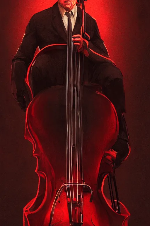 Image similar to an expressive portrait of agent 4 7 playing the cello in a monastery, dark background, red rim light, digital art, artstation, concept art by giger stalenhag