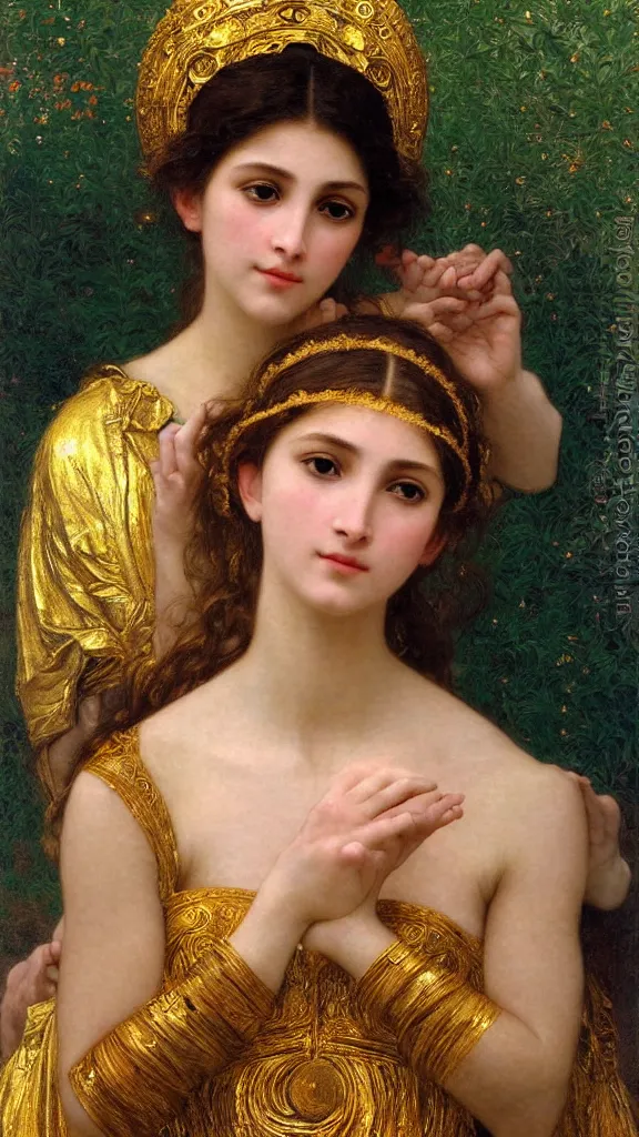 Image similar to painting portrait of a beautiful woman like an ancient goddess, intricate, elegant, digital painting, smooth, sharp focus, shiny gold, realistic gold, realistic metal, by William-Adolphe Bouguereau and Gustav Klimt,