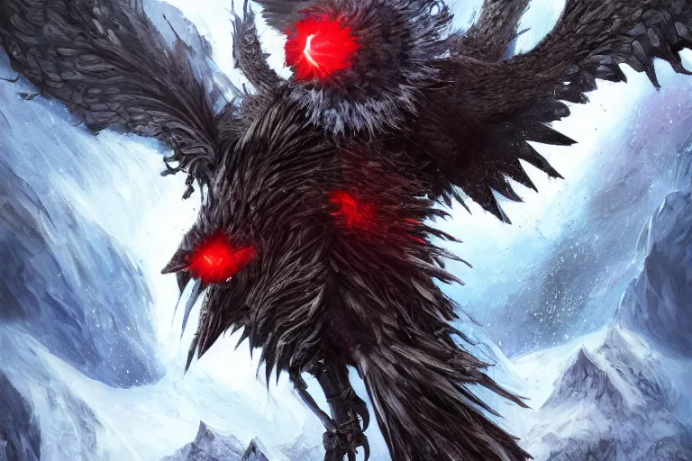 Image similar to raven warrior with burning red eyes stands atop an icy mountain, digital art, fantasy artwork, extremely detailed, trending on artstation, award - winning, art from the greatest fantasy artists,