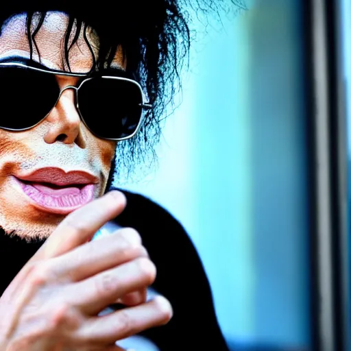 Image similar to michael jackson 2 0 0 9 wearing shades, alone, this is it style, photo real, pores, motion blur, sitting with bubbles the chimp window open, real life, spotted, ultra realistic face, accurate, 4 k, movie still, uhd, sharp, detailed, cinematic, render, modern