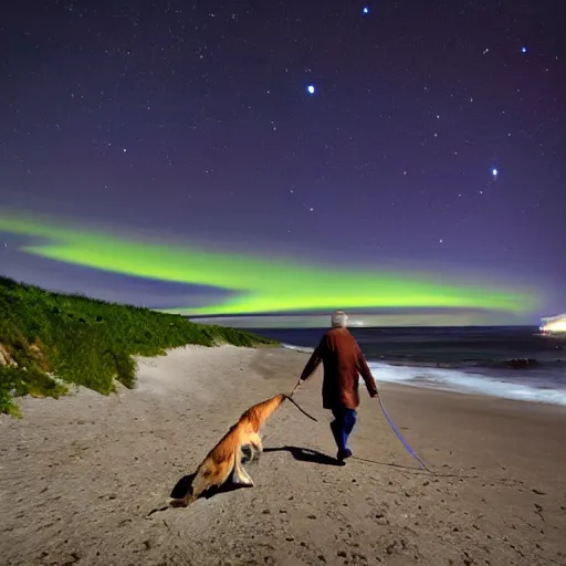 Prompt: Meteors enter atmosphere while walking dog on a beach