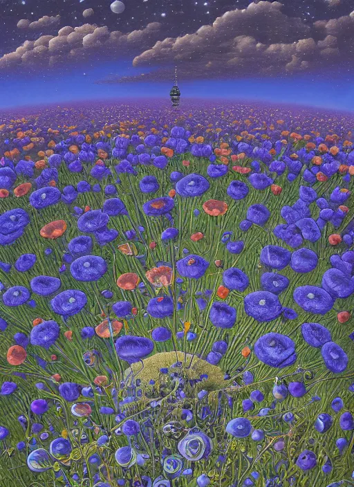 Image similar to detailed, intricate blue black and purple papaverum flower on the field, nebula, galaxy in the sky, winning award masterpiece, fantastically beautiful, illustration, aestheticly inspired, jacek yerka, upscale with anguissola sofonisba work, artstation, 8 k