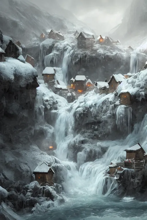 Image similar to mountain village with wooden viking houses on top of a waterfall in the snow, blizzard, a small stream runs beneath the waterfall, iceicles, landscape, raphael lacoste, eddie mendoza, alex ross, concept art, matte painting, highly detailed, rule of thirds, dynamic lighting, cinematic, detailed, denoised, centerd