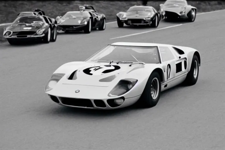 Prompt: vintage race footage of a sginel 1965 GT40 with elements of the F40, De Tomaso, Lotus, BMW M1, Pantera and Countach, movie still, speed, cinematic Eastman 5384 film