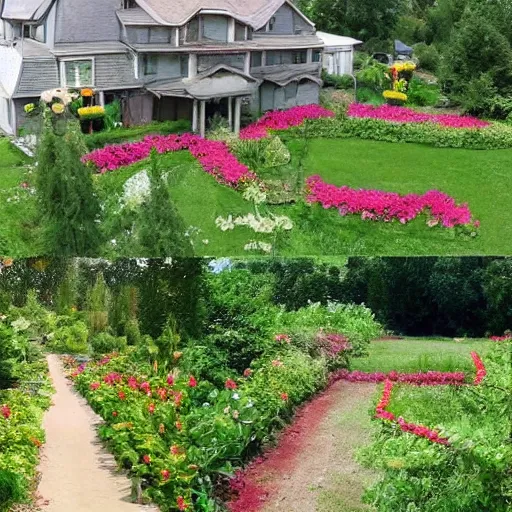 Image similar to A house with a large flower garden and two trees full of apples and pears, top post of all time on /r/curiousplaces subreddit