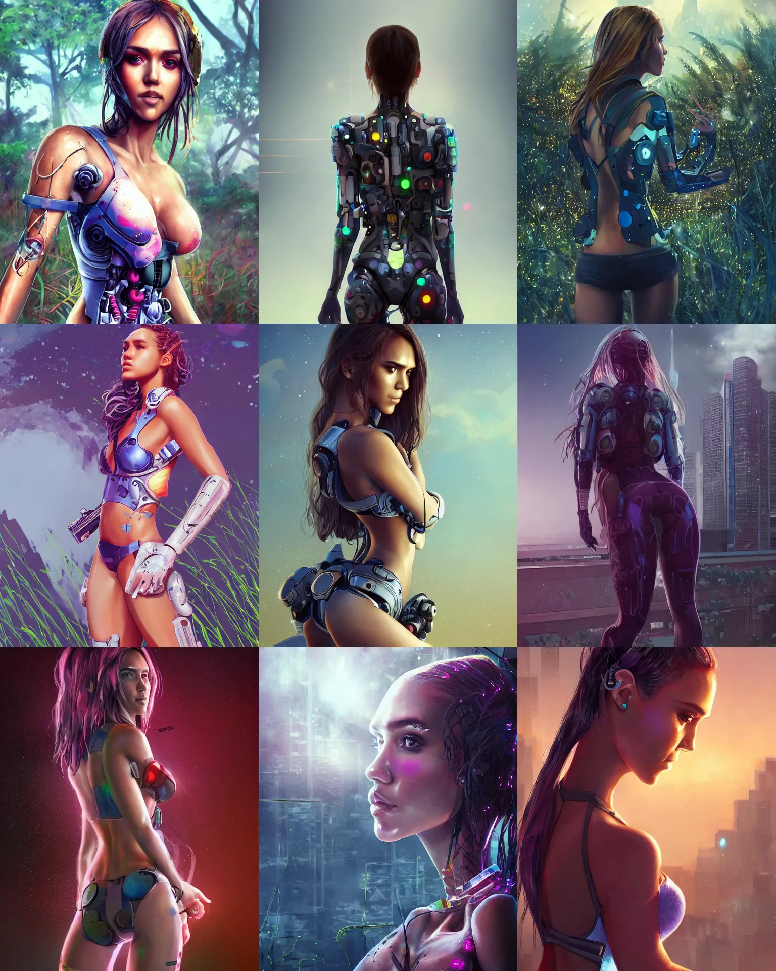 Prompt: ig body portrait of jessica alba cyborg young woman standing from behind, overlooking a future overgrown SF, facing away from the camera, bold rave outfit, pinterest, cgsociety, trending on artstation, anime girl,