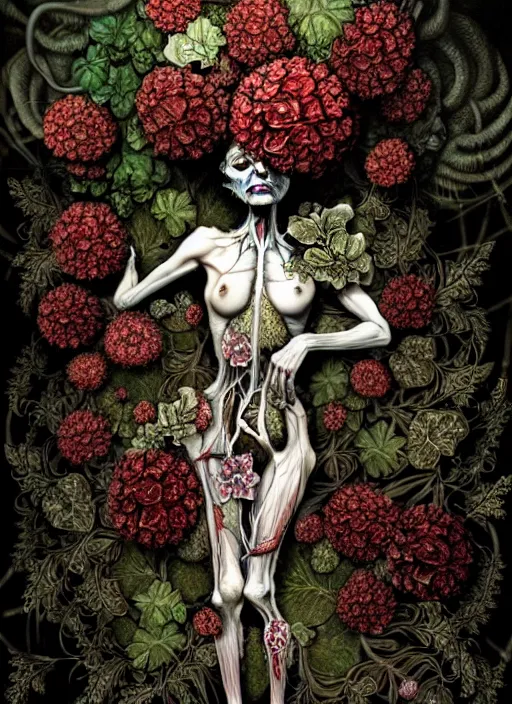 Image similar to beautiful and detailed rotten woman corpse with fractal plants and fractal flowers growing around, muscles, veins, arteries, intricate, organs, ornate, surreal, ray caesar, john constable, guy denning, dan hillier