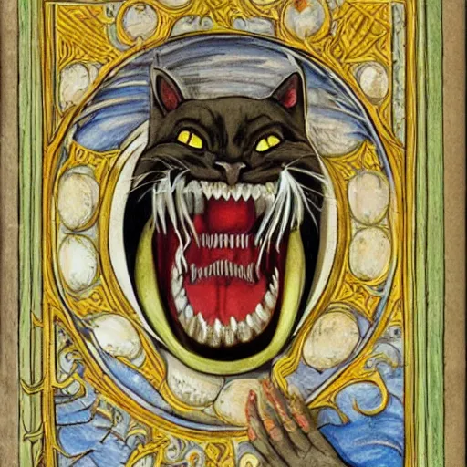 Prompt: dark cat god detailed illuminated manuscript teeth fangs tails