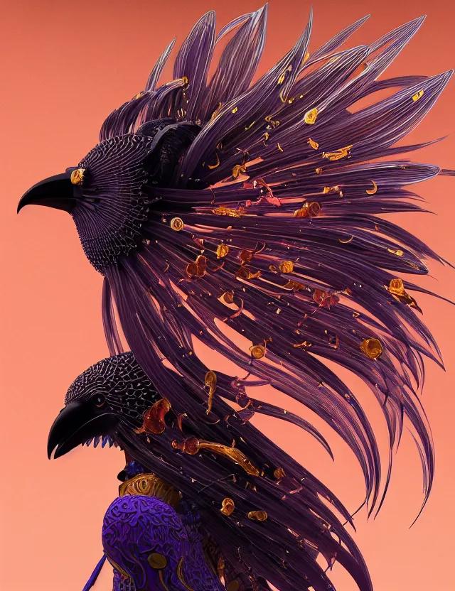 Image similar to 3 d venus goddess close - up profile portrait biomechanics. beautiful intricately detailed japanese crow kitsune mask and clasical japanese kimono. betta fish, jellyfish phoenix, bio luminescent, plasma, ice, water, wind, creature, artwork by tooth wu and wlop and beeple and greg rutkowski