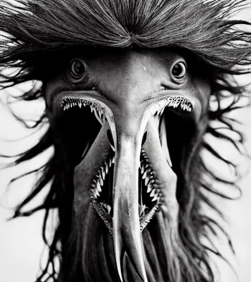Prompt: Award winning Editorial up-angled photograph of Early-medieval Scandinavian Folk ostrich-shark Baring its teeth with very long curly incredible hair and fierce hyper-detailed eyes by Lee Jeffries and David Bailey, 85mm ND 4, perfect lighting, a heart-shaped birthmark on the forehead, dramatic highlights, wearing traditional garb, With very huge sharp jagged Tusks and sharp horns, gelatin silver process
