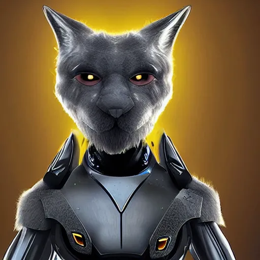 Image similar to humanoid with large cat-like features in futuristic space armor with force fields, yellow eyes, teeth that protrude past the lower lip and fine grayish fur on their faces and backs of their hands and carrying weapons, octane,