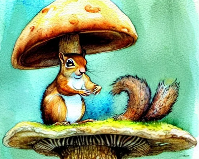 Image similar to a cute little squirrel standing under a huge mushroom, hiding from the rain, watercolor painting by jean - baptiste monge, muted colors