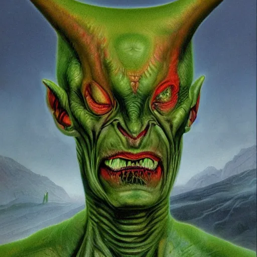 Prompt: realistic alien, medium shot portrait, devil horns, green head. red eyes,!!! human eyes!!!, background flames, by wayne barlowe