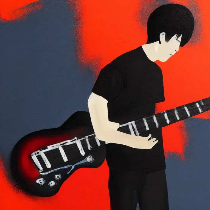 Image similar to minimal dramatic painting of a young korean man wearing black t shirt holding an electric guitar!!, dark background, huge dramatic brush strokes, matte colors, abstract, trending on artstation