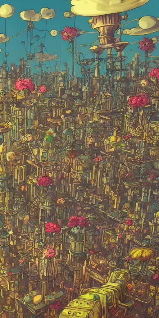 Image similar to technologic city with flowers on a steampunk land in the cuphead art style, smooth, cinematic, wet reflections, ray tracing x, rtx, smooth