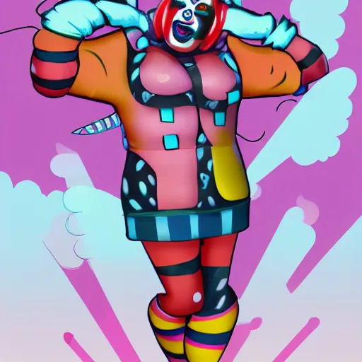Prompt: full figure cyberpunk art deco agender clown with 2 smiling clown emojis covering their chest fat, hyper realistic