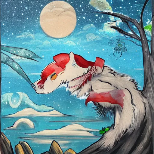 Prompt: okami!!!!!!! resting under a sky full of stars, by a deep!! river, calm, acrylic on canvas, okami, okami, okami, okami, okami, okami, cel shaded, cel shaded, cel shaded, cel shaded