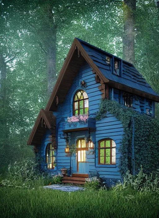 Prompt: hyper realistic homely ornate modern witch cottage far awqyb in the woods gorgeous lighting, blue sky, highly detailed, lush forest architectural render, octane render, ue 5 raytraced