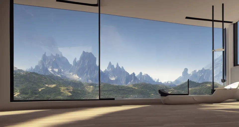 Prompt: looked at big window, architectural, mountains in background, sunny day time, clear sky, futuristic, furnitures, ultra realistic, ultra detailed, cinematic light, anamorphic