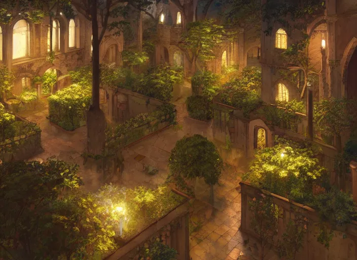 Prompt: environmental illustration of a cloister garden in a late renaissance city at night | | anime key visual, official media, illustrated by wlop, extremely detailed, 8 k, trending on pixiv, cinematic lighting, beautiful