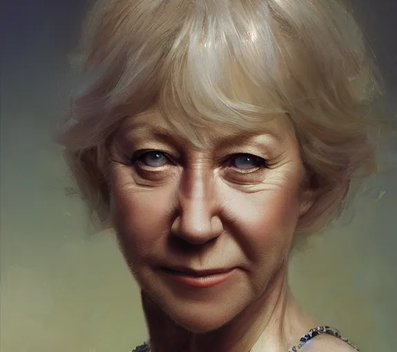 Image similar to a hyper-detailed portrait of Helen Mirren by Craig Mullins; oil on canvas; trending on artstation; 90mm; f/1.4