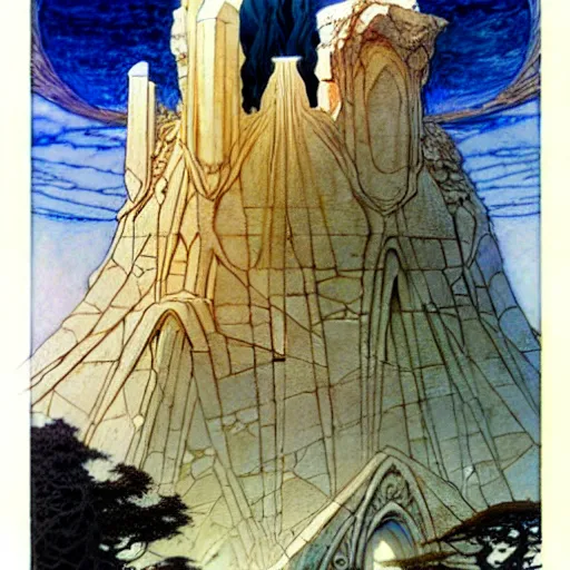 Prompt: an epic painting by alan lee, rebecca guay, michael kaluta and charles vess of a massive city constructed of ancient stone of impossible architecture floating in the astral plane